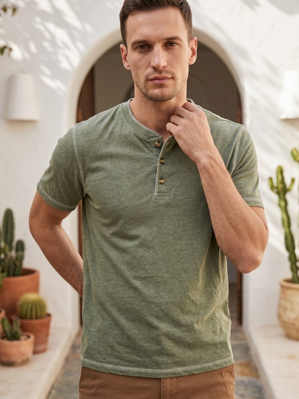 Revolution Olive Green Henley Shirt XL Short Sleeve Slub Knit Casual T-Shirt